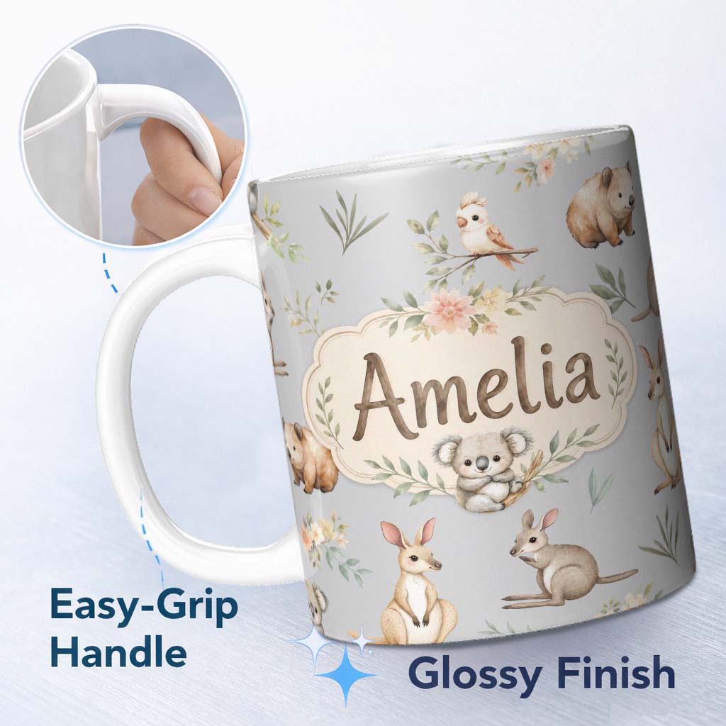 Personalized Custom Name Woodland Animals Koala Kangaroo Bear Floral Soft Grey Seamless 11oz Ceramic Coffee Tea Mug White Large Handle
