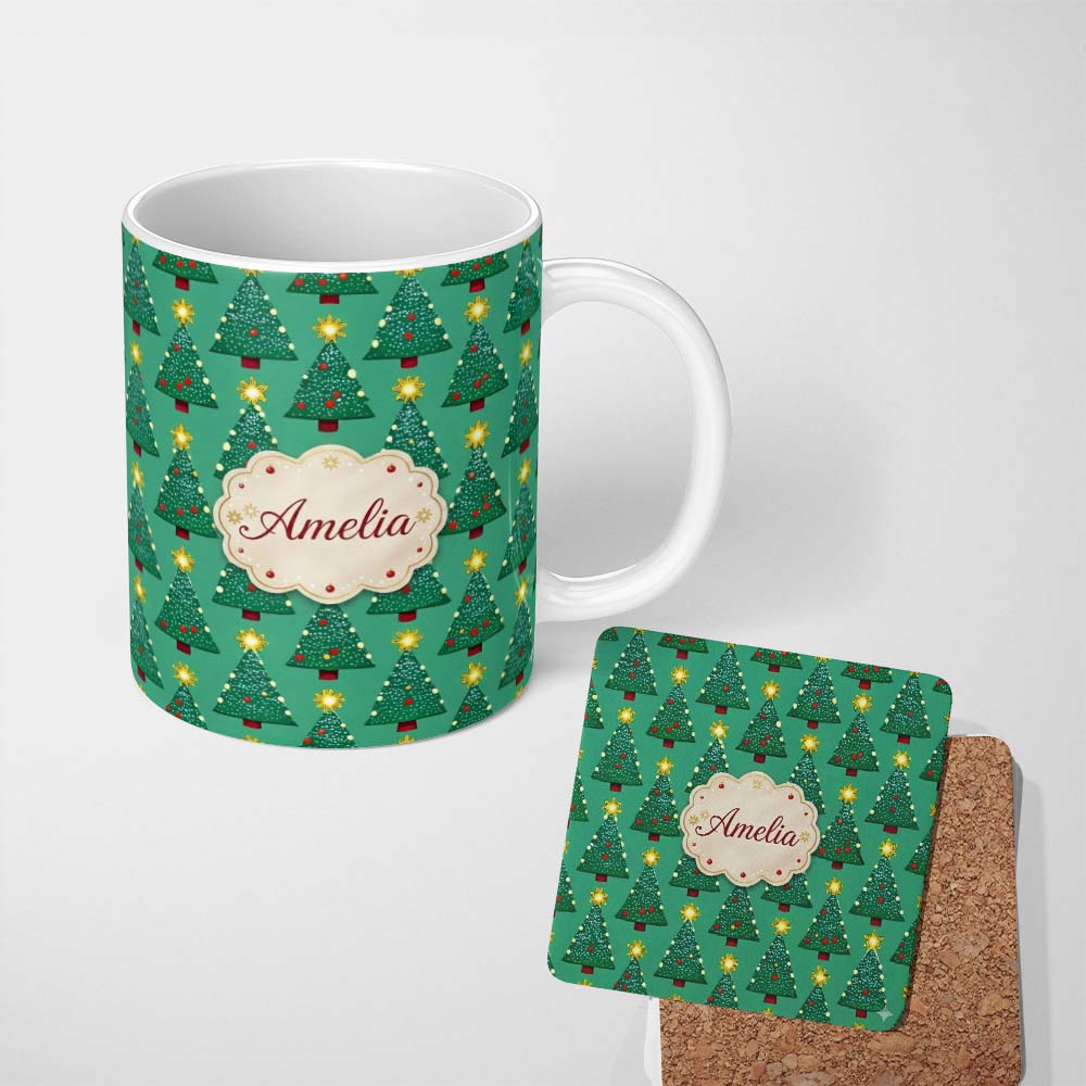Personalized Custom Name Festive Christmas Trees with Yellow Stars on Green Background Lovely 11oz Ceramic Coffee Tea Mug White Large Handle