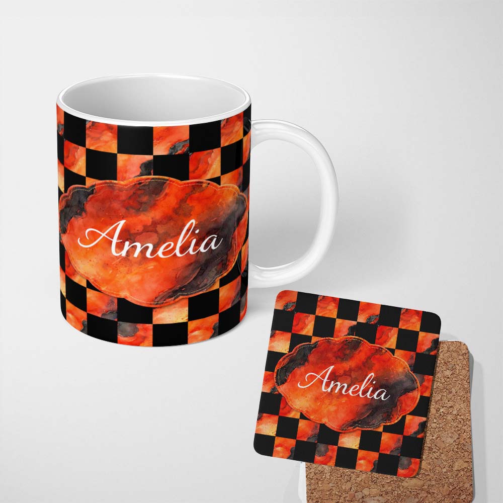 Personalized Custom Name Abstract Orange Black Checkered Marble Geometric Pattern Lovely 11oz Ceramic Coffee Tea Mug White Large Handle
