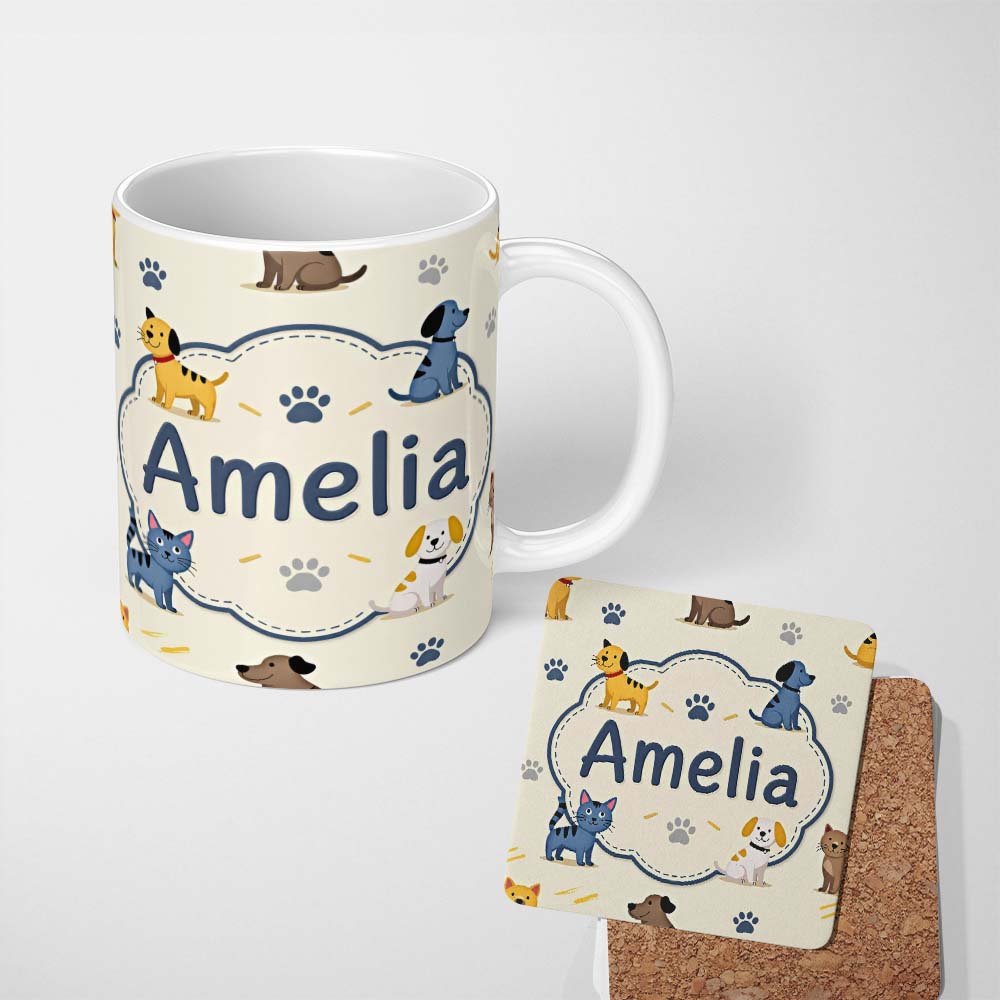 Personalized Custom Name Cute Dogs and Cats with Paw Prints Playful Pet Seamless Pattern 11oz Ceramic Coffee Tea Mug White Large Handle
