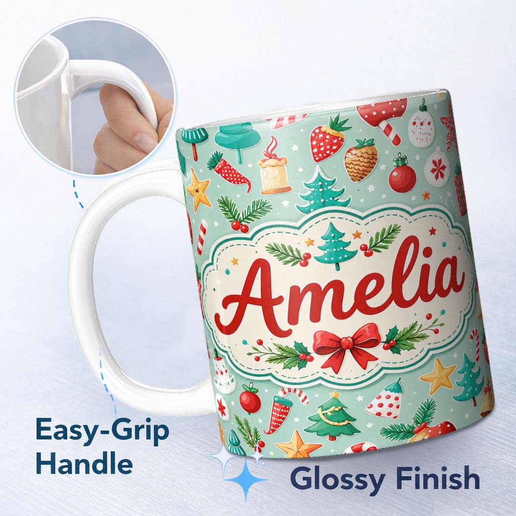 Personalized Custom Name Festive Christmas Trees Ornaments Strawberries Candy Cane Holiday 11oz Ceramic Coffee Tea Mug White Large Handle