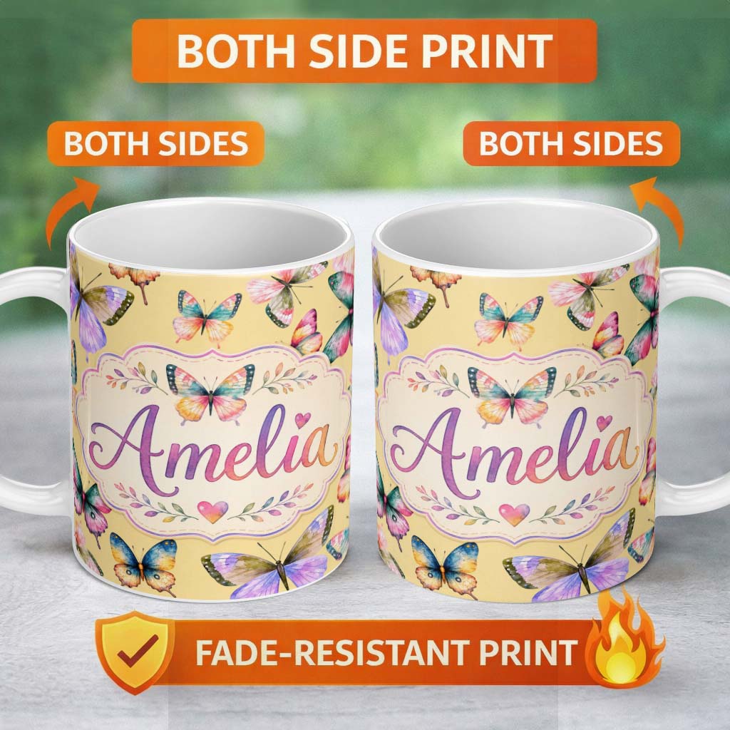 Personalized Custom Name Colorful Watercolor Butterflies on Soft Yellow Background Seamless 11oz Ceramic Coffee Tea Mug White Large Handle