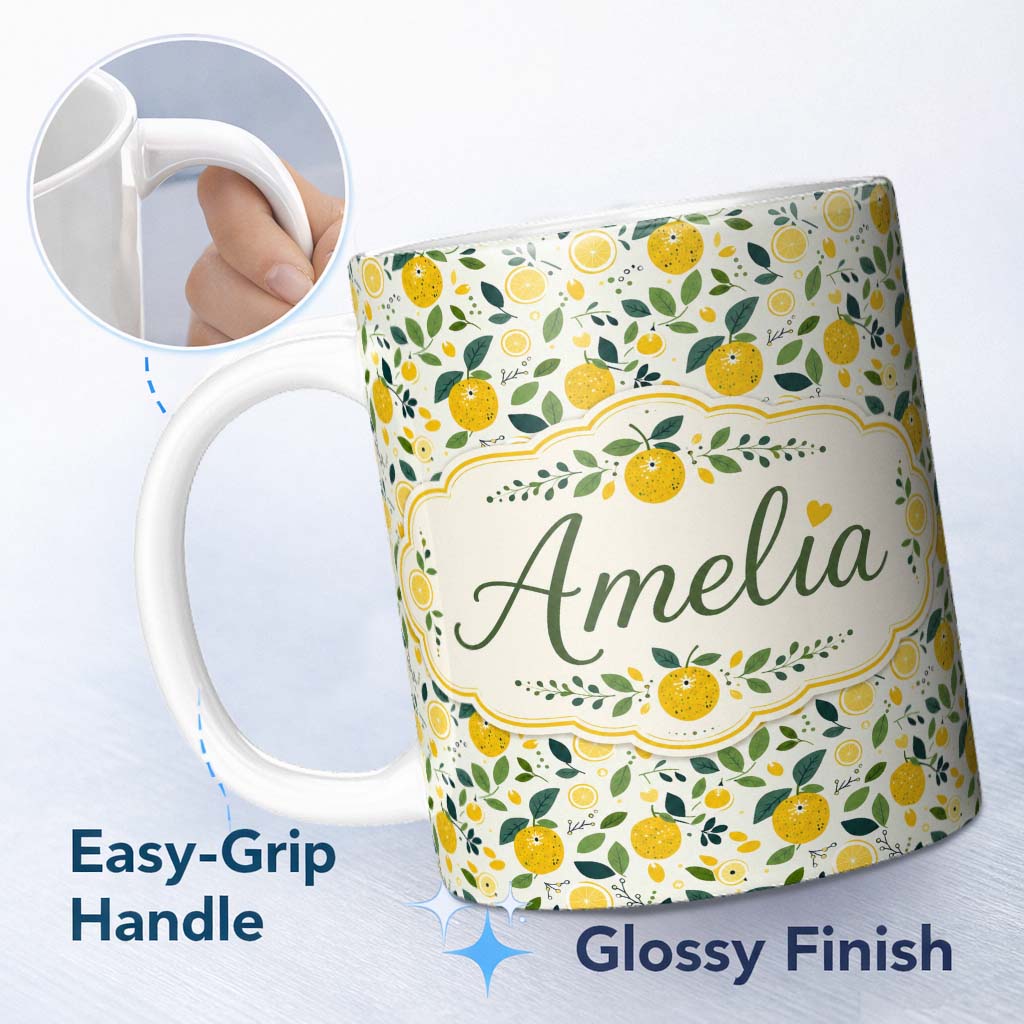 Personalized Custom Name Fresh Lemon Citrus Pattern with Leaves and Sliced Fruit Design 11oz Ceramic Coffee Tea Mug White Large Handle