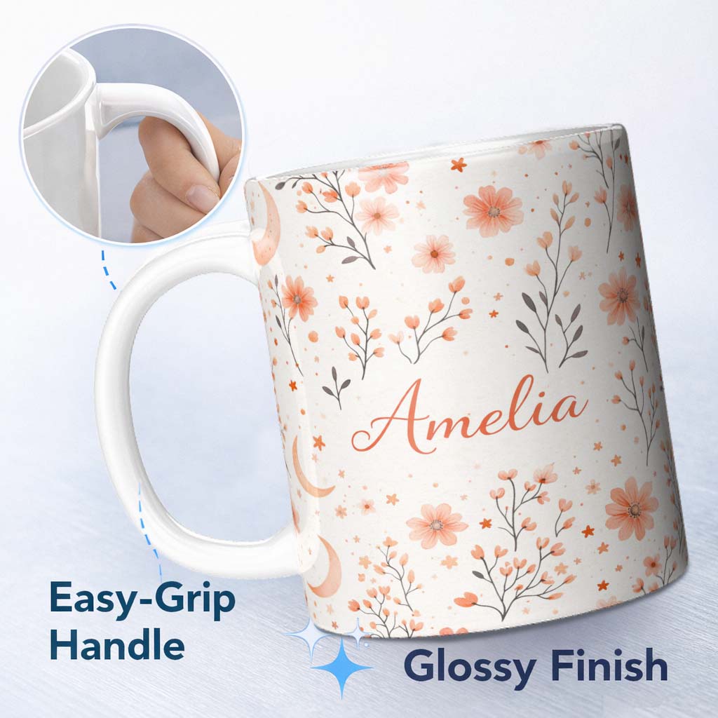 Personalized Custom Name Blush Floral Botanical Moon Pattern Seamless Elegant Watercolour 11oz Ceramic Coffee Tea Mug White Large Handle
