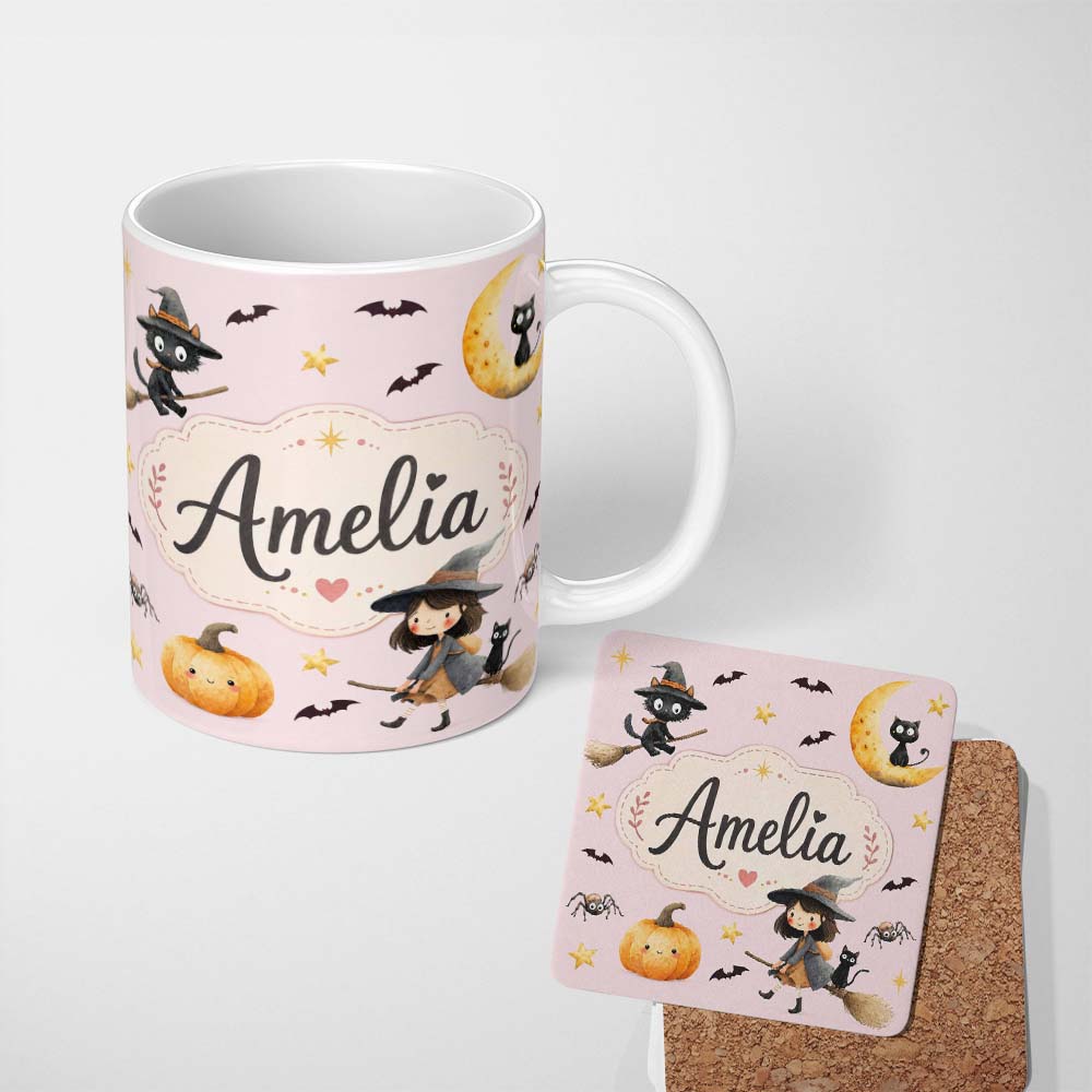 Personalized Custom Name Halloween Witch Cat Moon Stars Spooky Night Pink Seamless Pattern 11oz Ceramic Coffee Tea Mug White Large Handle