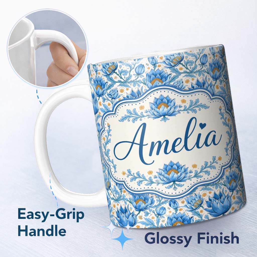Personalized Custom Name Detailed Blue Floral Pattern with Ornamental Botanical Motifs Lovely 11oz Ceramic Coffee Tea Mug White Large Handle