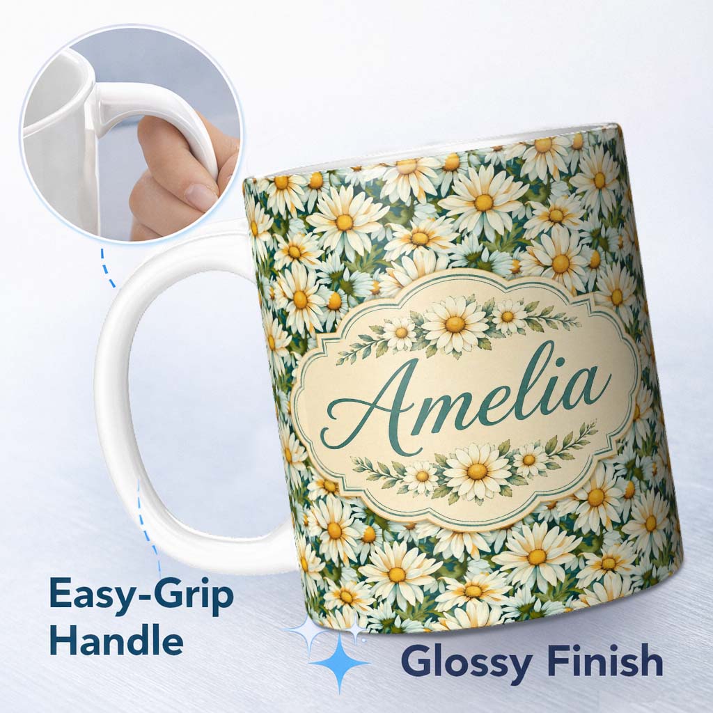 Personalized Custom Name Soft Floral Daisy Trail on Muted Aqua Vintage Texture Lovely 11oz Ceramic Coffee Tea Mug White Large Handle