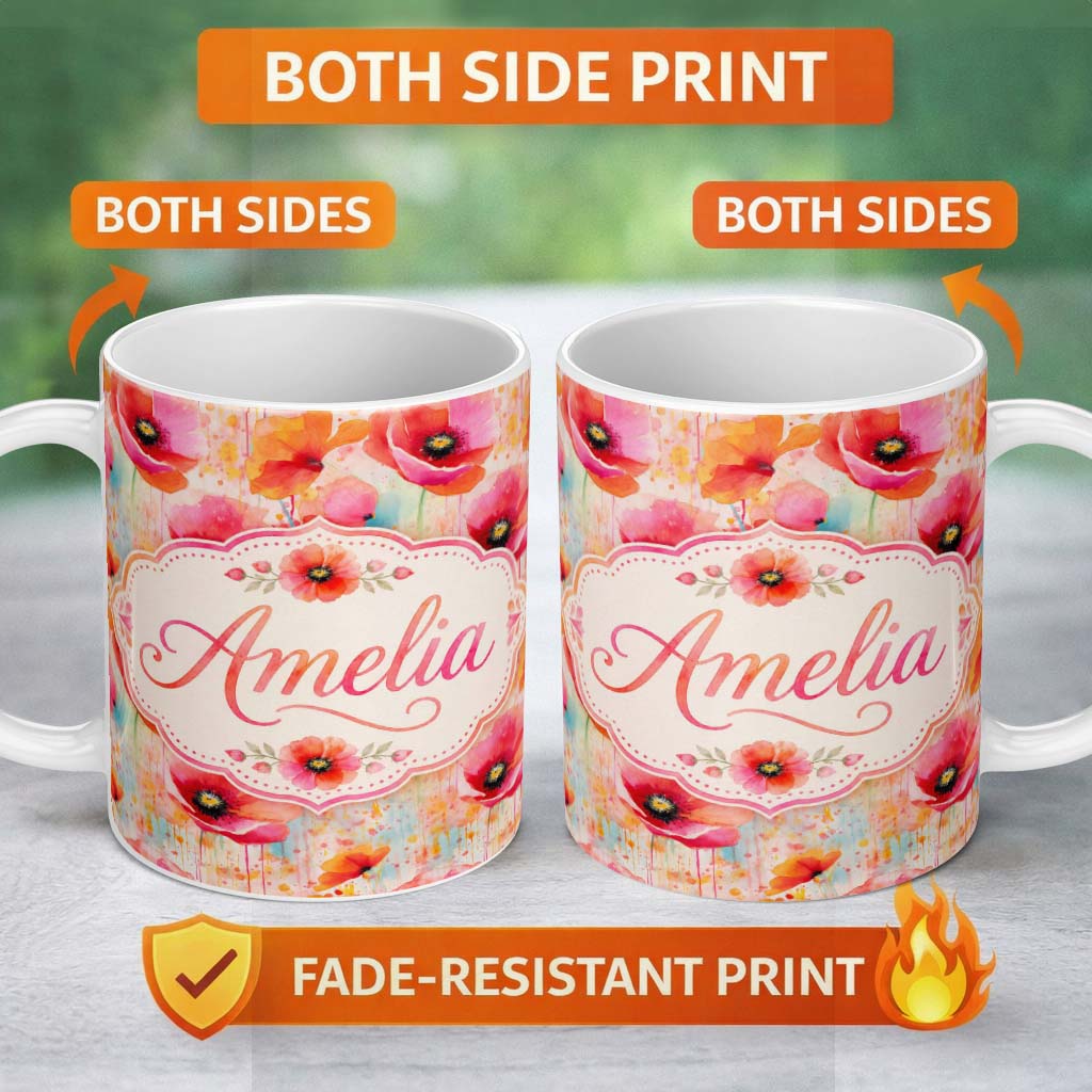 Personalized Custom Name Abstract Watercolor Poppy Bloom with Drip Effect Seamless Pattern 11oz Ceramic Coffee Tea Mug White Large Handle