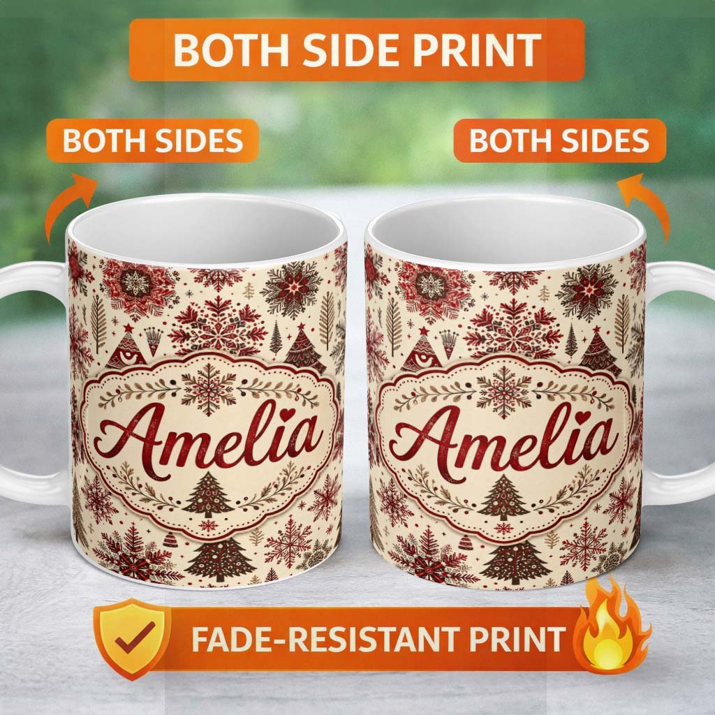 Personalized Custom Name Red Christmas Snowflake Tree Folk Art Winter Seamless Pattern Lovely 11oz Ceramic Coffee Tea Mug White Large Handle