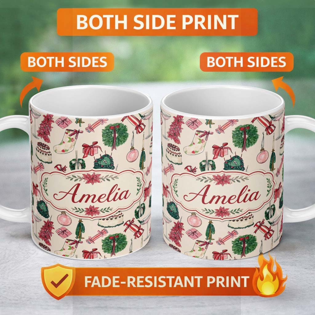 Personalized Custom Name Festive Holiday Cakes Wreaths Candles Gifts Seamless Pattern Lovely 11oz Ceramic Coffee Tea Mug White Large Handle