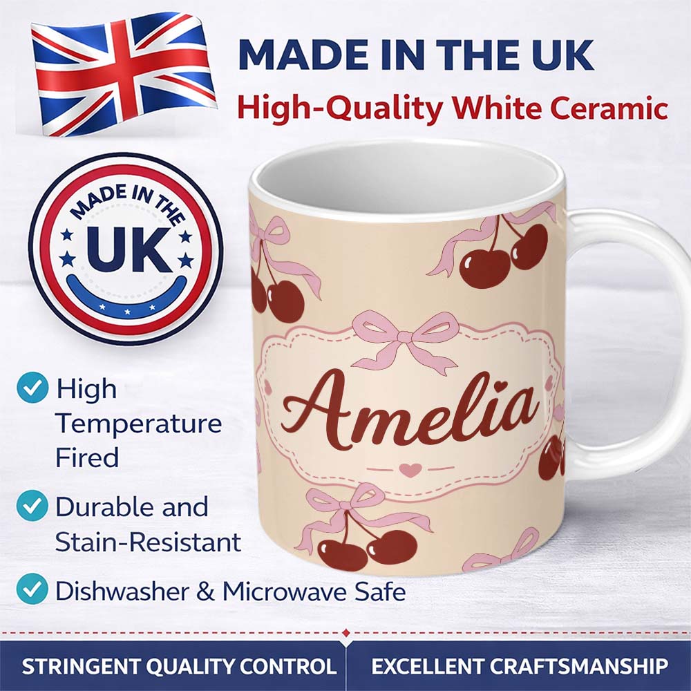Personalized Custom Name Cherry Bow Ribbon Cute Warm Beige Neutral Background Seamless Lovely 11oz Ceramic Coffee Tea Mug White Large Handle