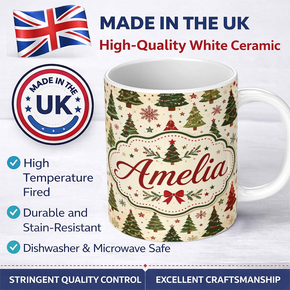 Personalized Custom Name Rustic Christmas Trees Stars Holiday Winter Seamless Pattern Lovely 11oz Ceramic Coffee Tea Mug White Large Handle