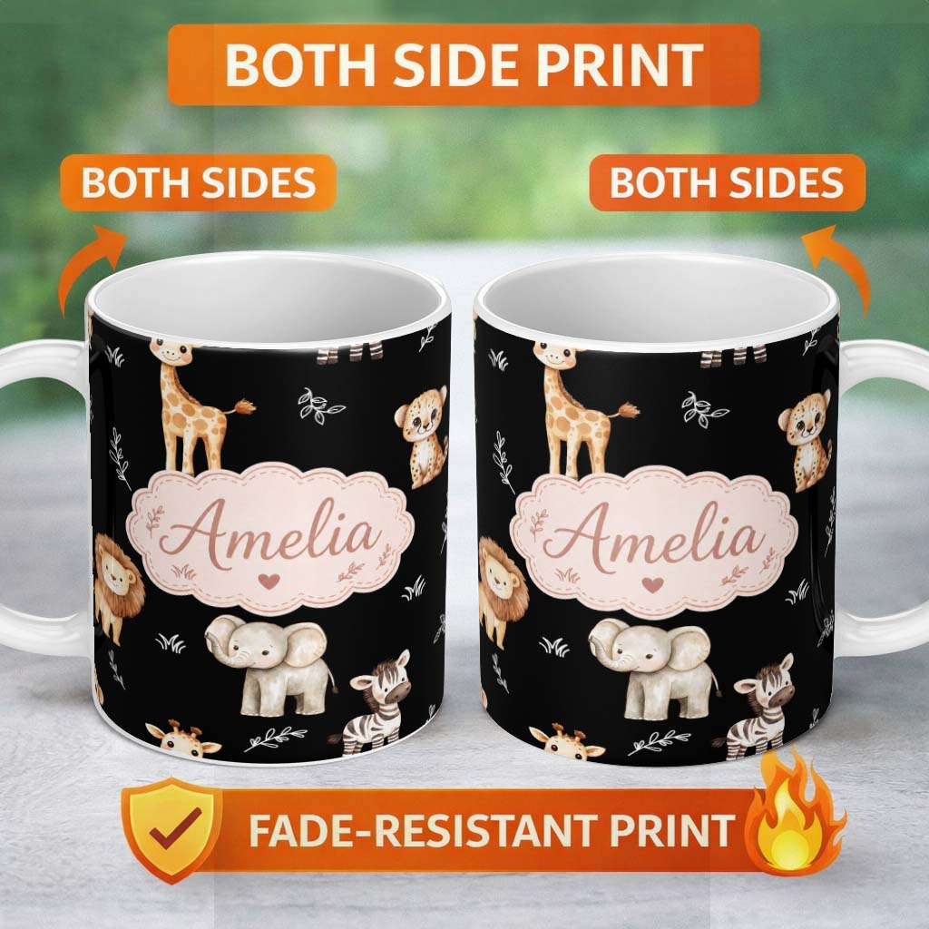 Personalized Custom Name Safari Animals with Elephant Lion and Leopard Cub on Light Grey 11oz Ceramic Coffee Tea Mug White Large Handle