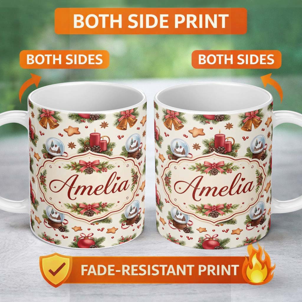 Personalized Custom Name Christmas Bells Candles Snow Globe Gingerbread Seamless Pattern 11oz Ceramic Coffee Tea Mug White Large Handle