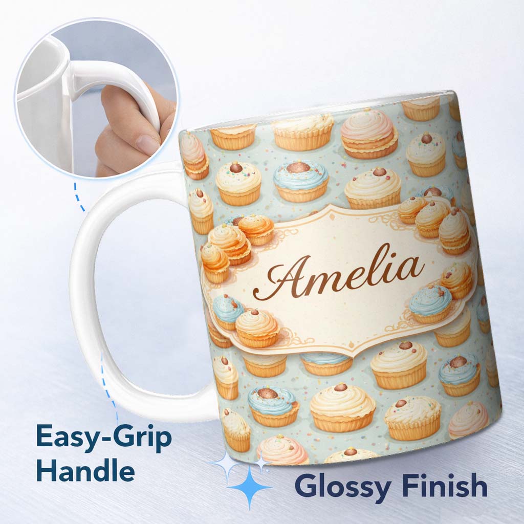 Personalized Custom Name Coffee Cream Bun Pastry Seamless Pattern Perfect Gift for Her Lovely 11oz Ceramic Coffee Tea Mug White Large Handle