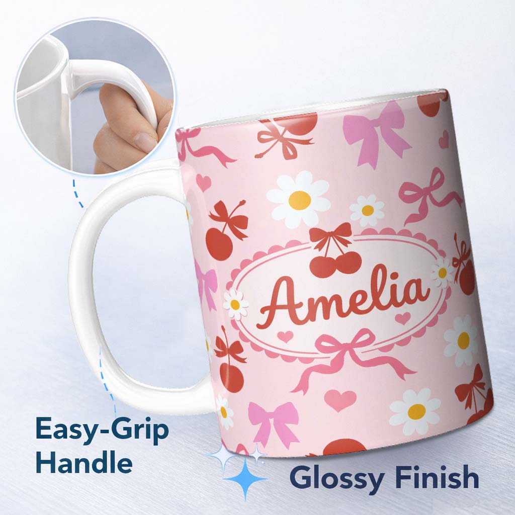 Personalized Custom Name Cute Cherry Bow Daisy Heart Seamless Pattern on Bright Pink Lovely 11oz Ceramic Coffee Tea Mug White Large Handle