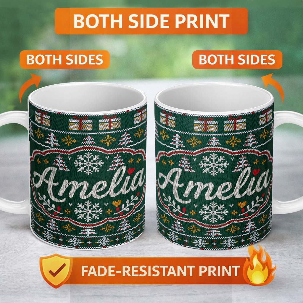 Personalized Custom Name Festive Christmas Tree Star Gift Knitted Seamless Pattern Lovely 11oz Ceramic Coffee Tea Mug White Large Handle