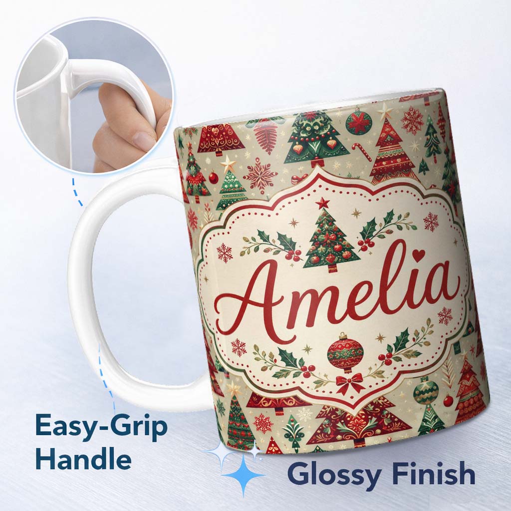 Personalized Custom Name Vintage Christmas Tree Ornament Candy Cane Seamless Pattern Lovely 11oz Ceramic Coffee Tea Mug White Large Handle