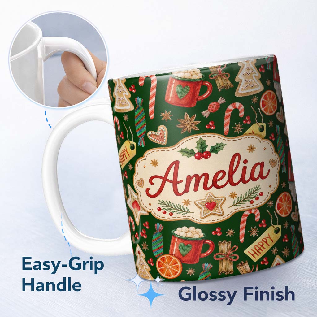 Personalized Custom Name Watercolor Christmas Mug Cookie Candy Cane Orange Seamless Pattern 11oz Ceramic Coffee Tea Mug White Large Handle