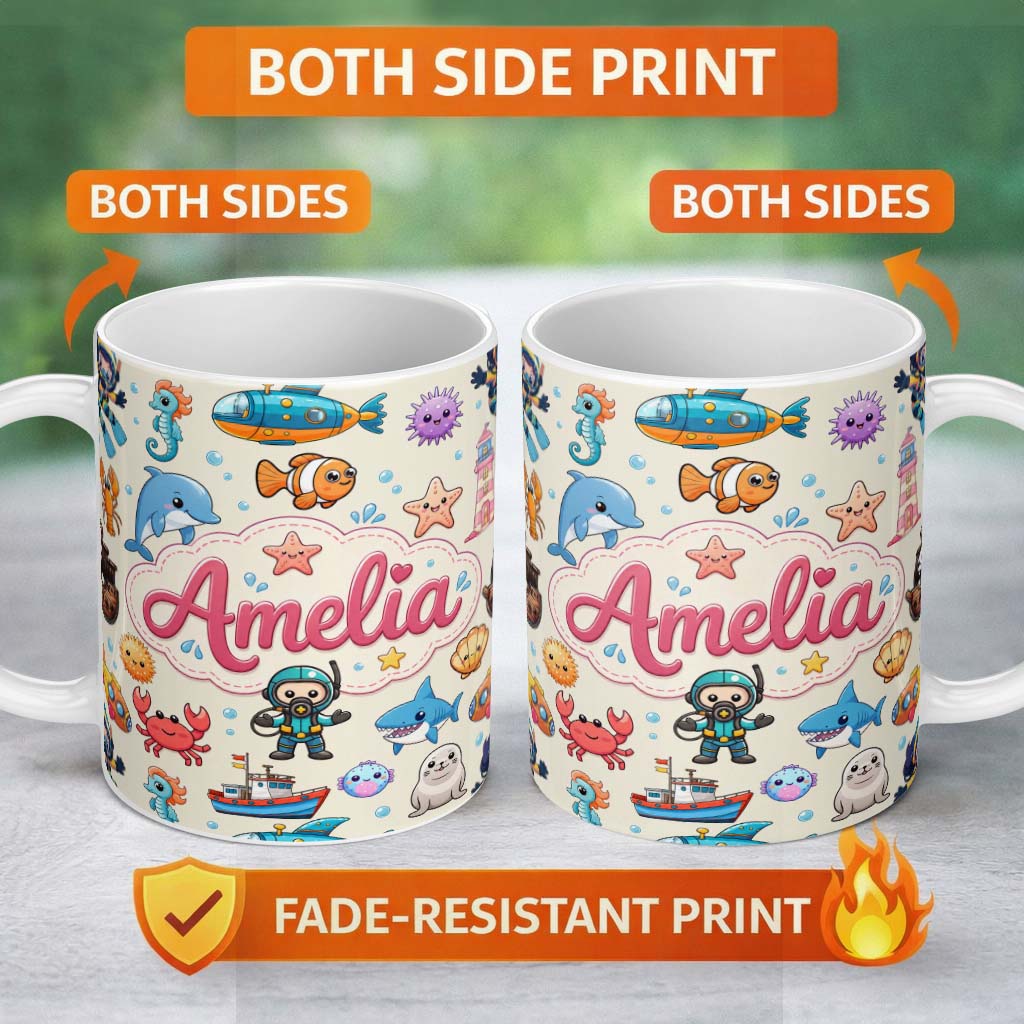 Personalized Custom Name Cartoon Ocean with various sea Creatures on Soft Beige Background 11oz Ceramic Coffee Tea Mug White Large Handle