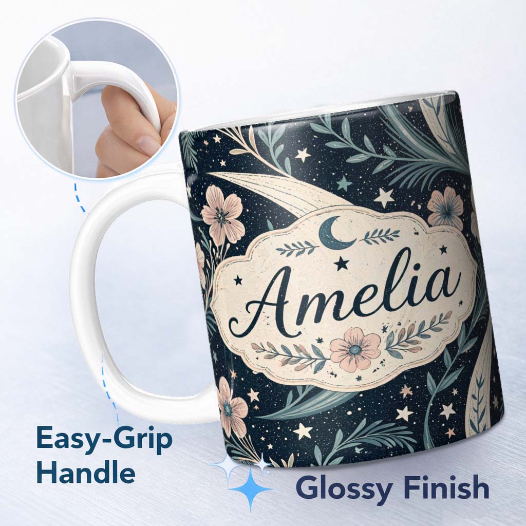 Personalized Custom Name Botanical Crescent Moon Floral Night Seamless Pattern Lovely 11oz Ceramic Coffee Tea Mug White Large Handle