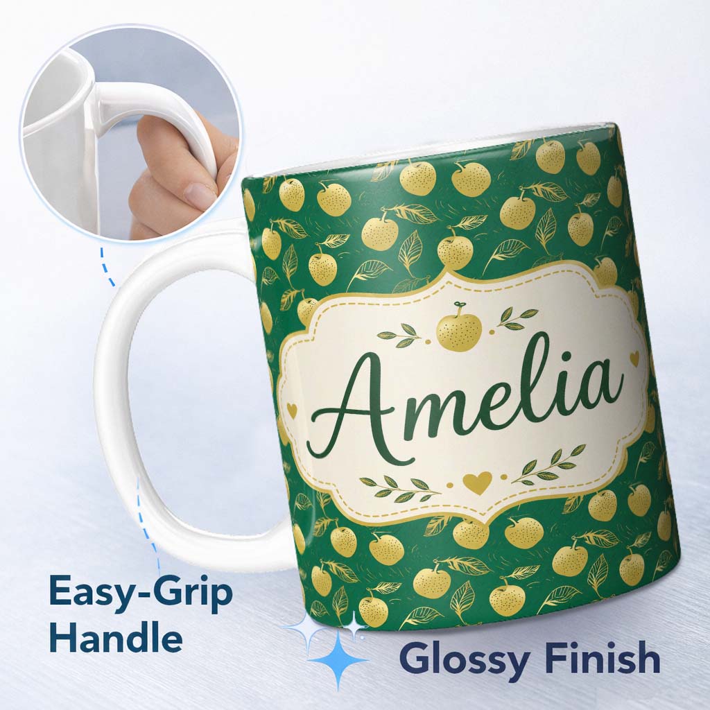 Personalized Custom Name Elegant Golden Apples and Leaves on Dark Green Seamless Pattern 11oz Ceramic Coffee Tea Mug White Large Handle