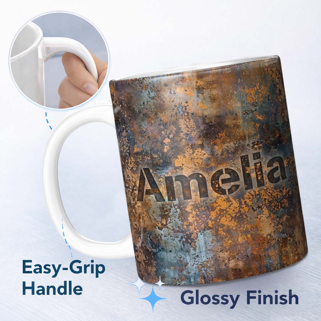 Personalized Custom Name Distressed Metal Rust Pattern with Gold Accents Seamless Grunge 11oz Ceramic Coffee Tea Mug White Large Handle