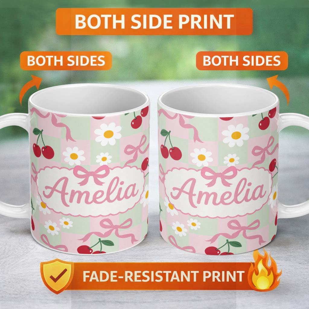 Personalized Custom Name Cute Cherry Bow and Daisy Mint Gingham Seamless Pattern Lovely 11oz Ceramic Coffee Tea Mug White Large Handle