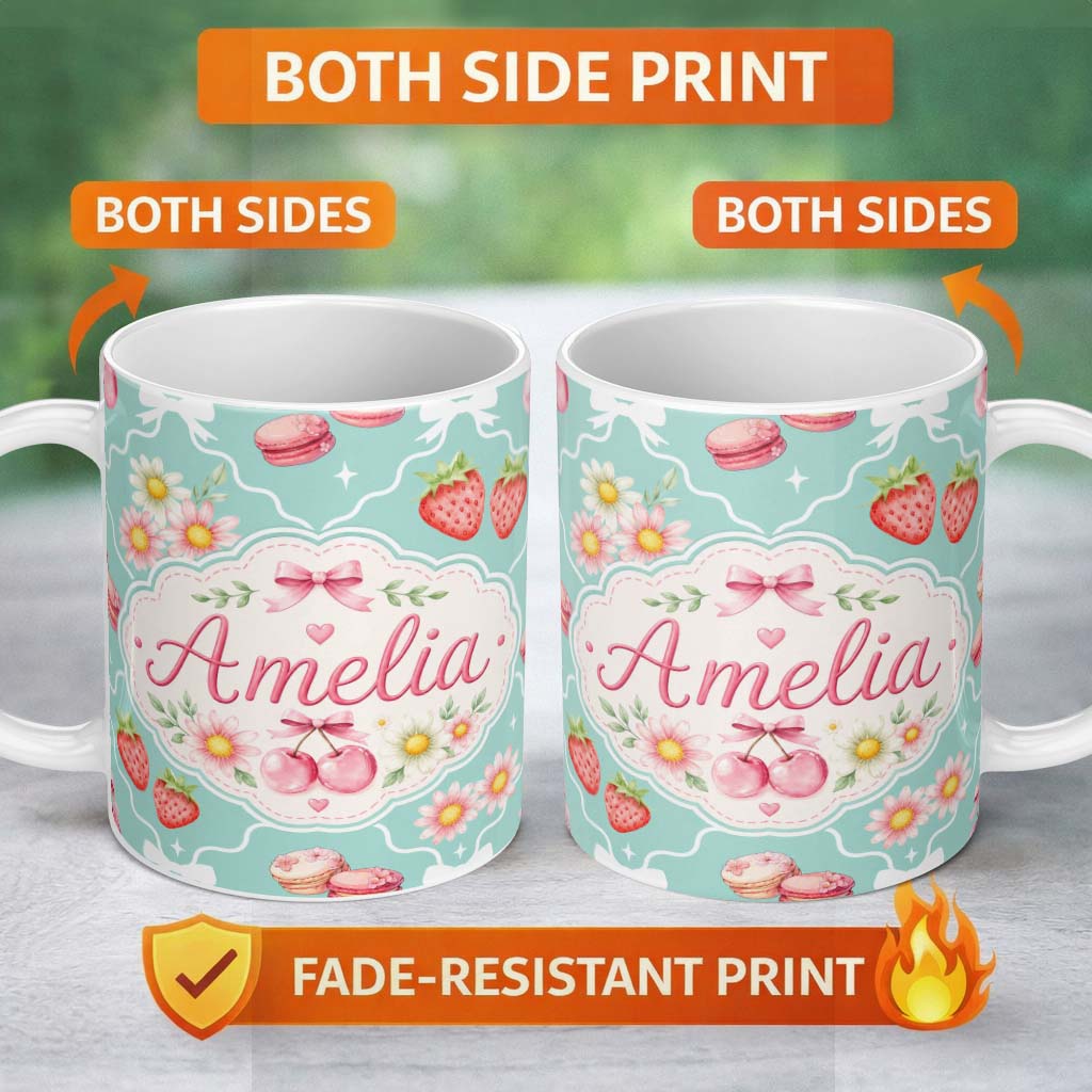 Personalized Custom Name Cute Strawberry Cherry Daisy Floral Bow Sweet Dessert Teal Green 11oz Ceramic Coffee Tea Mug White Large Handle