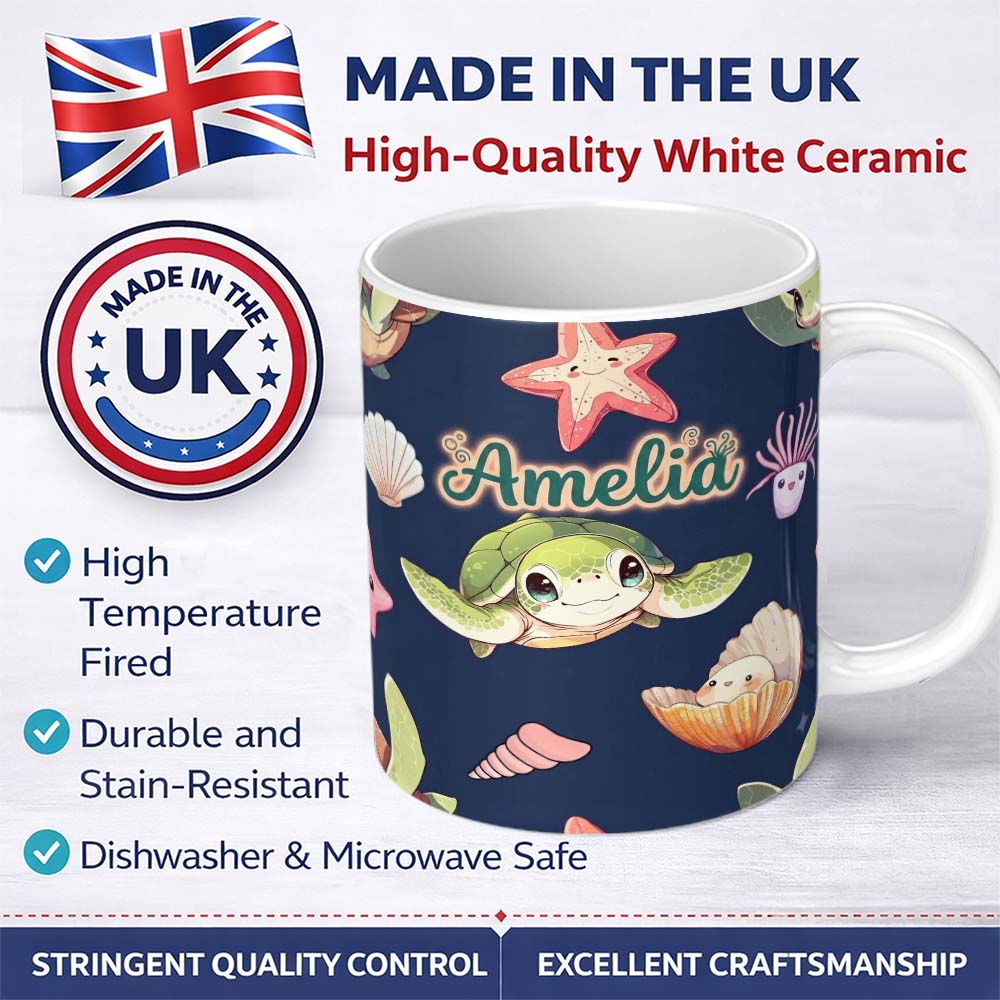 Personalized Custom Name Cute Kawaii Sea Turtle Starfish Shells Ocean Friends Navy Background 11oz Ceramic Coffee Tea Mug White Large Handle