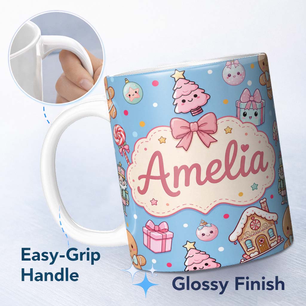 Personalized Custom Name Cute Christmas Gingerbread Candy Gift House Seamless Pattern Blue 11oz Ceramic Coffee Tea Mug White Large Handle