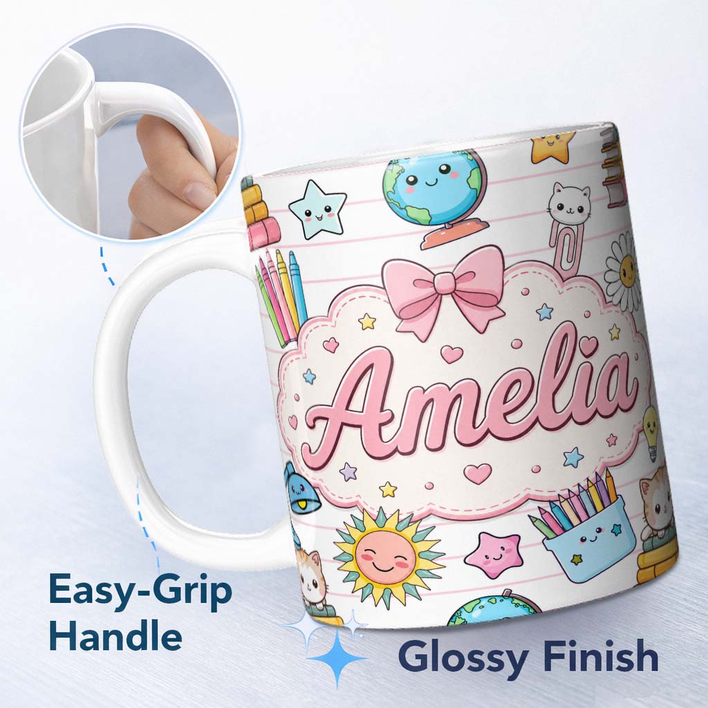 Personalized Custom Name Cute Kawaii School Cat Books Stationery Seamless Pattern Pink Lines 11oz Ceramic Coffee Tea Mug White Large Handle