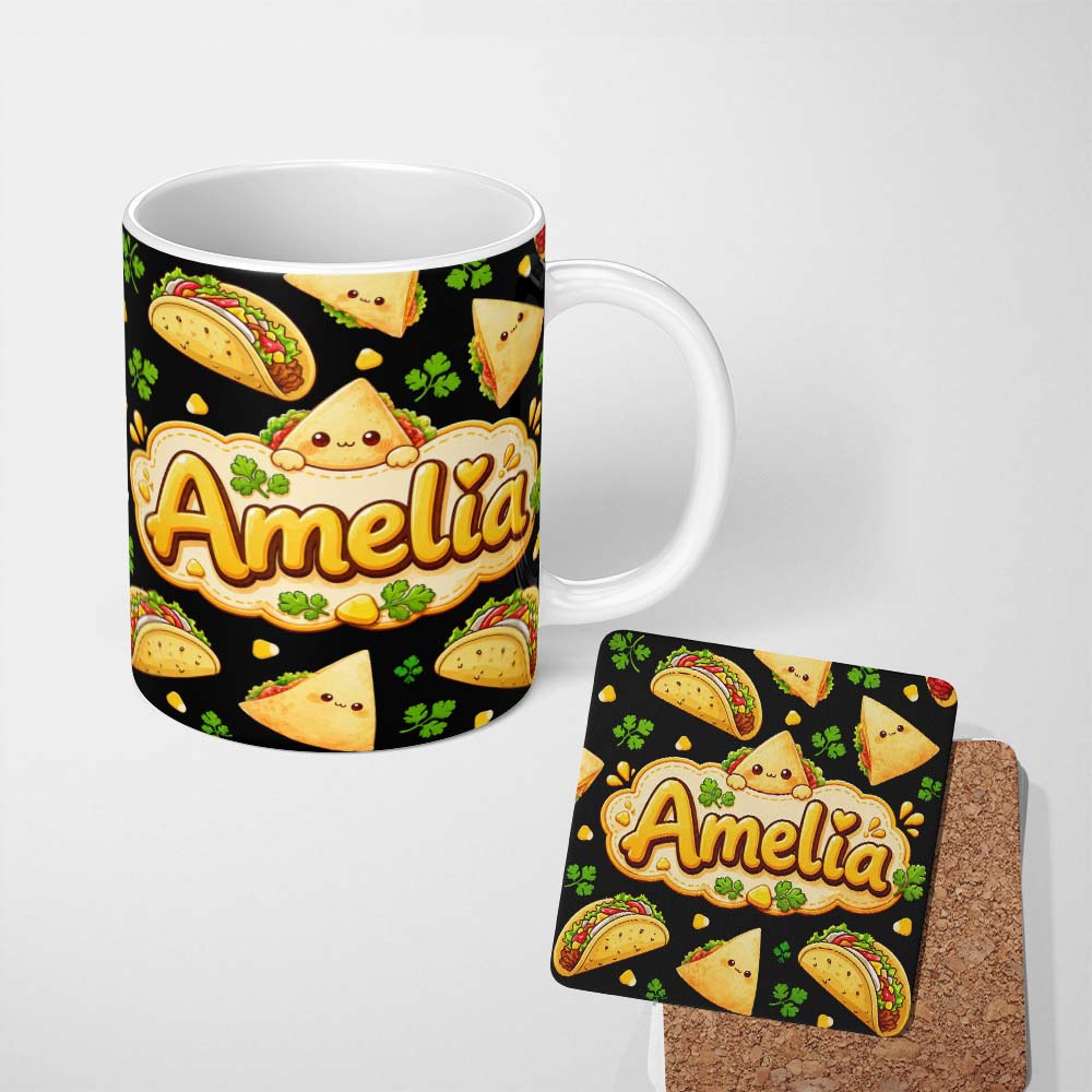 Personalized Custom Name Cute Kawaii Tacos and Wraps Black Background Seamless Pattern Name 11oz Ceramic Coffee Tea Mug White Large Handle