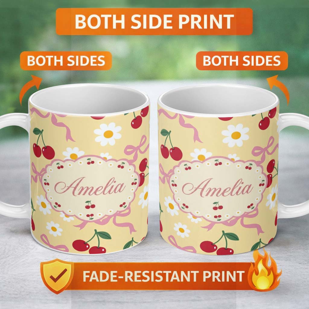 Personalized Custom Name Cute Cherry Bow and Daisy Yellow Check Seamless Pattern Lovely 11oz Ceramic Coffee Tea Mug White Large Handle