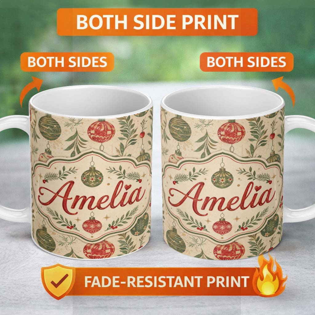 Personalized Custom Name Elegant Christmas Holly Leaves with Berries and Snowflakes Seamless 11oz Ceramic Coffee Tea Mug White Large Handle
