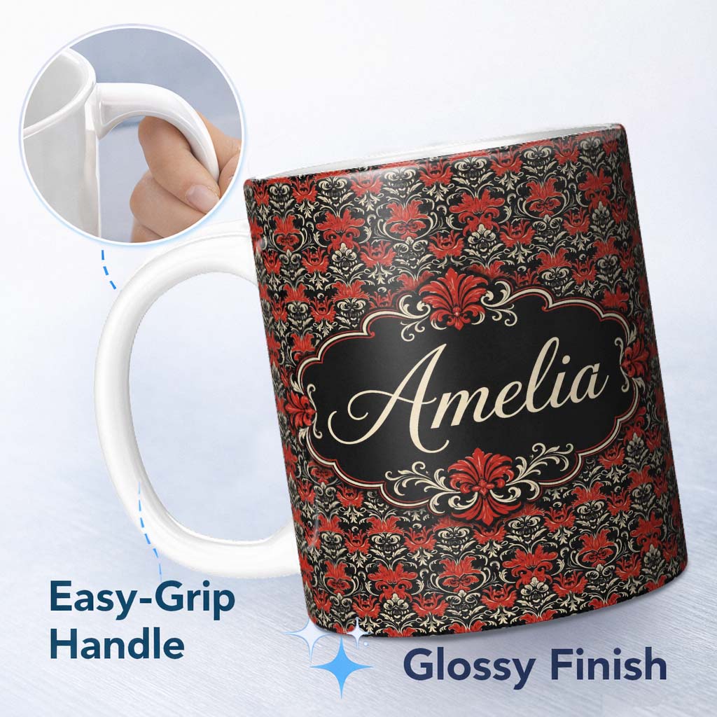 Personalized Custom Name Elegant Black Background Red Floral Baroque Damask Seamless Pattern 11oz Ceramic Coffee Tea Mug White Large Handle