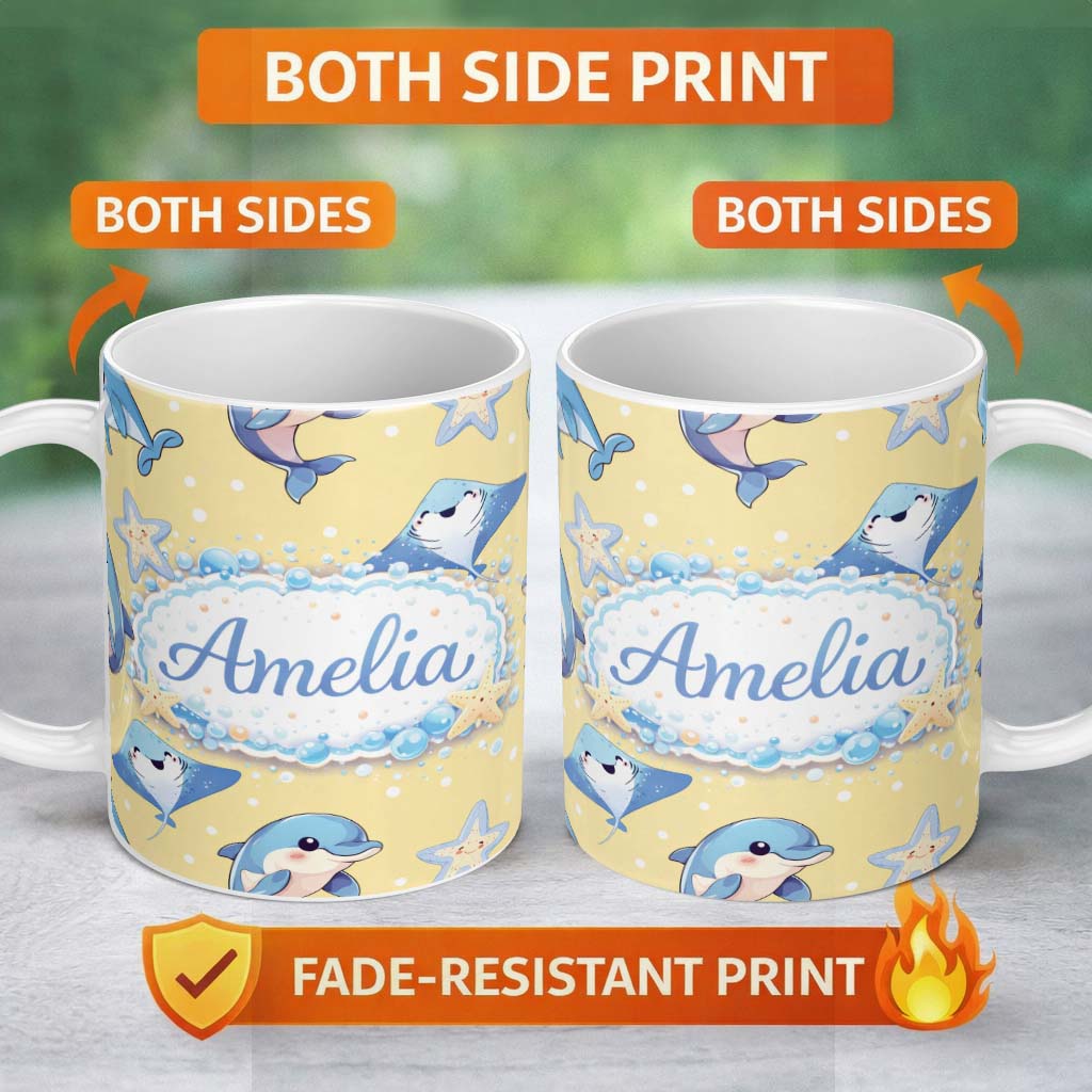 Personalized Custom Name Cute Dolphin Stingray Starfish Ocean Sea Life Warm Beige Background 11oz Ceramic Coffee Tea Mug White Large Handle