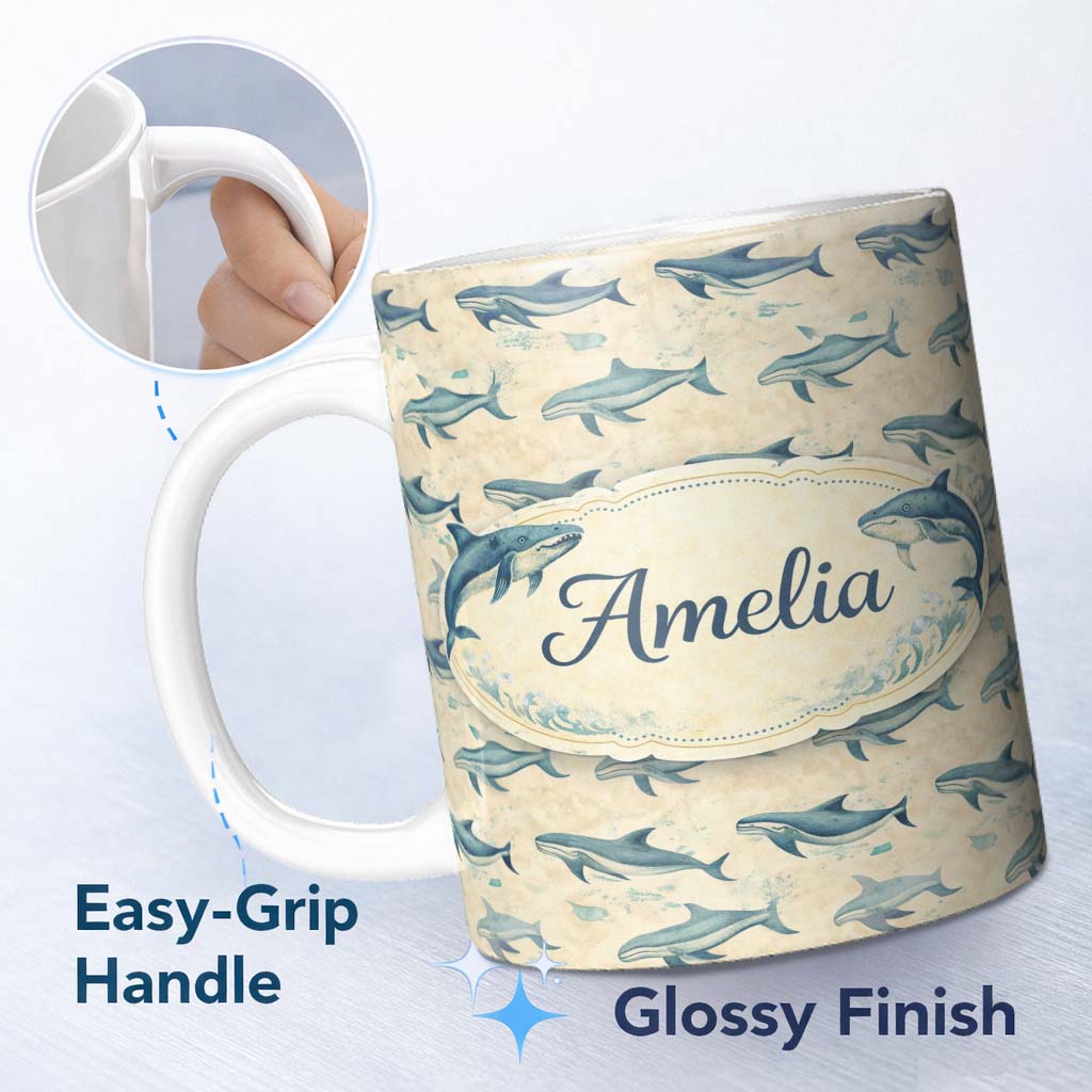 Personalized Custom Name Vintage Blue Whale Seamless Pattern Beige Ocean Animal Design Lovely 11oz Ceramic Coffee Tea Mug White Large Handle