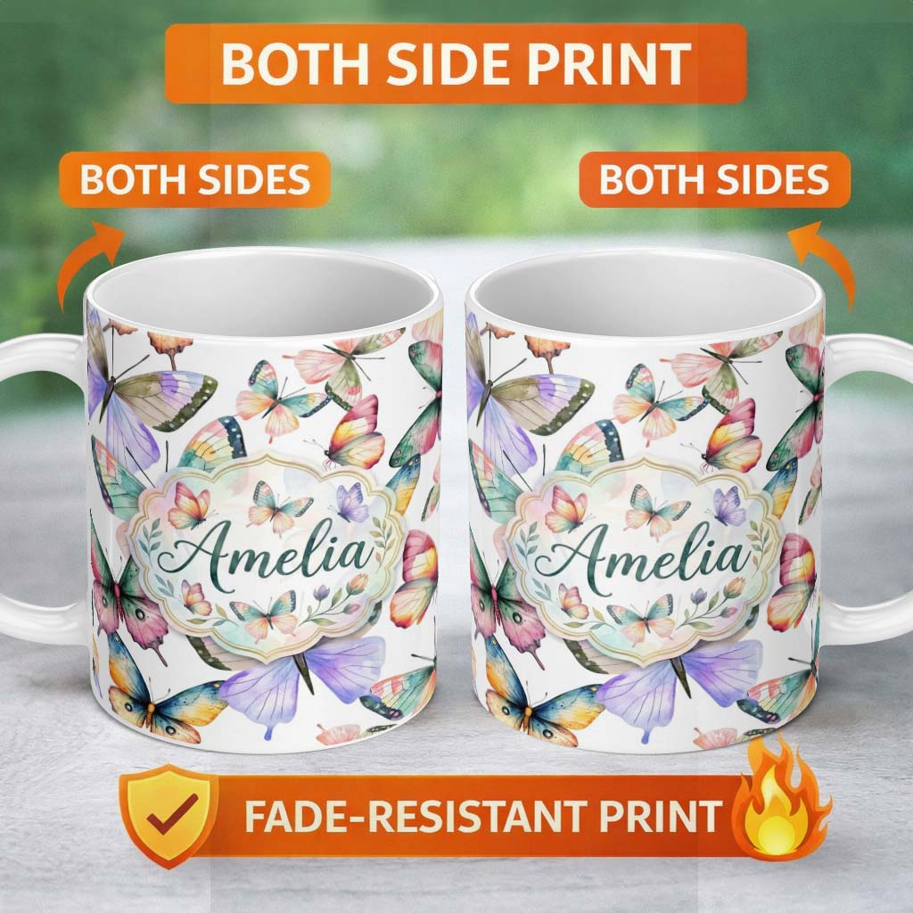 Personalized Custom Name Pastel Watercolor Butterflies Yellow Background Seamless Pattern 11oz Ceramic Coffee Tea Mug White Large Handle