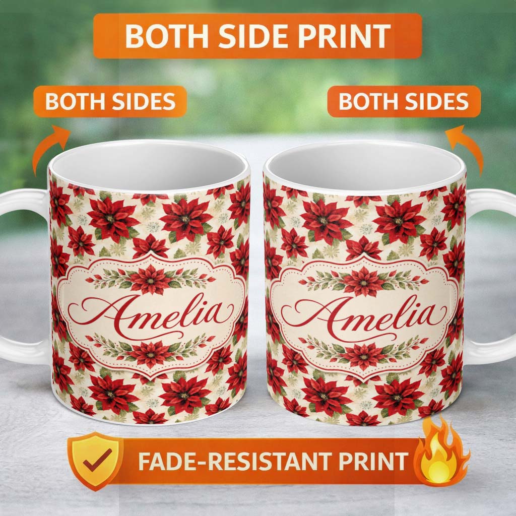 Personalized Custom Name Traditional Poinsettia with Snowflake Accents Seamless Pattern 11oz Ceramic Coffee Tea Mug White Large Handle