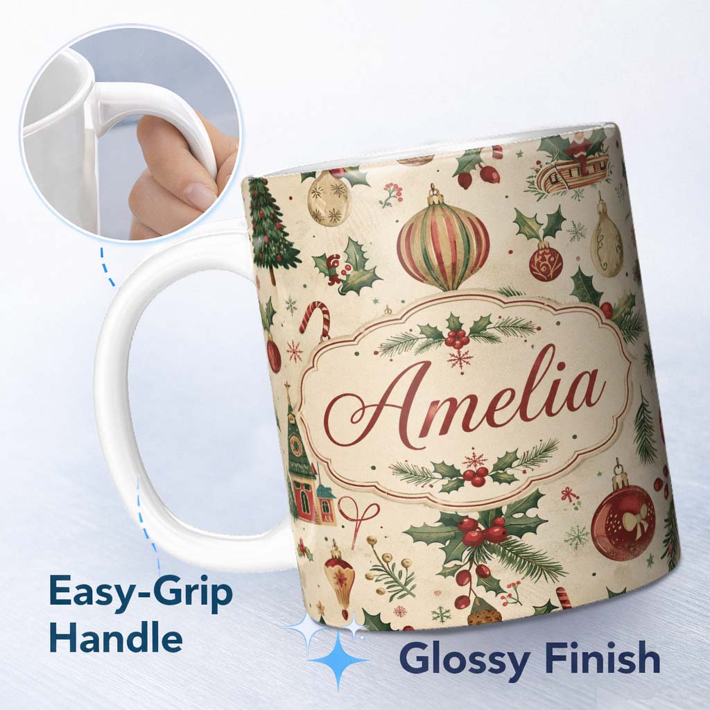 Personalized Custom Name Vintage Christmas Baubles Holly Leaves and Winter Elements Classic 11oz Ceramic Coffee Tea Mug White Large Handle
