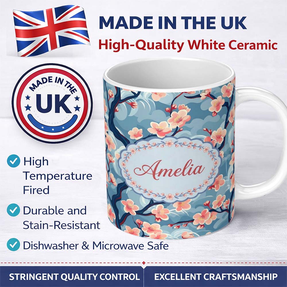 Personalized Custom Name Japanese Cherry Blossom Tree Branches with Cloud Background Artistic 11oz Ceramic Coffee Tea Mug White Large Handle