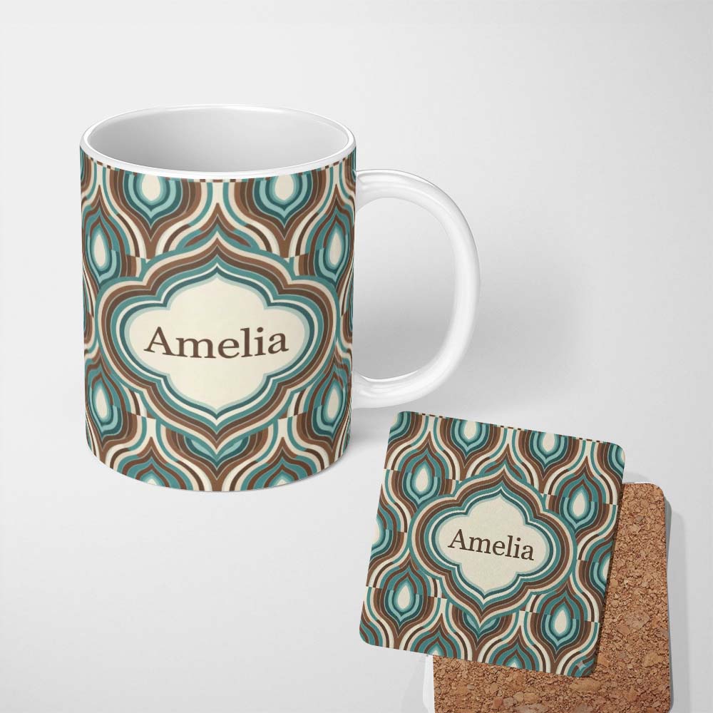 Personalized Custom Name Vintage Teal Brown Geometric Arch Repeat Seamless Pattern Lovely 11oz Ceramic Coffee Tea Mug White Large Handle