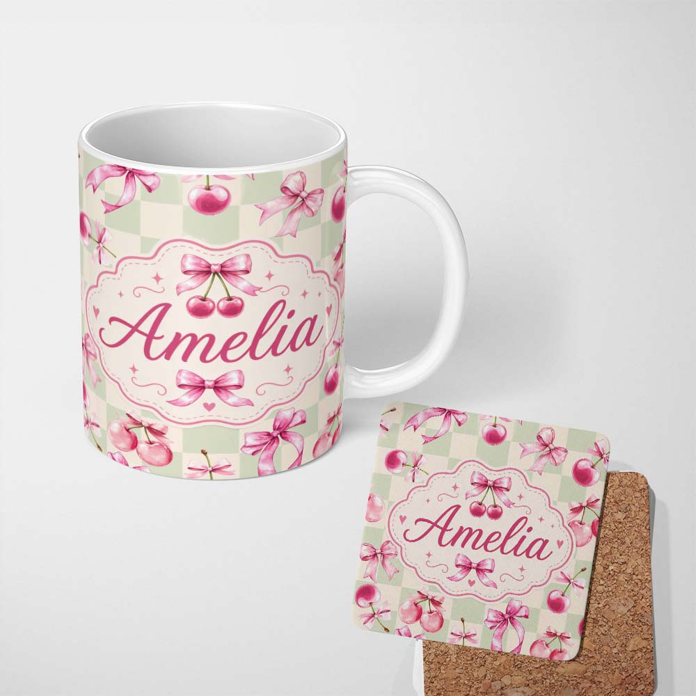 Personalized Custom Name Watercolor Cherry Bow Ribbon Sage Green Gingham Seamless Pattern 11oz Ceramic Coffee Tea Mug White Large Handle