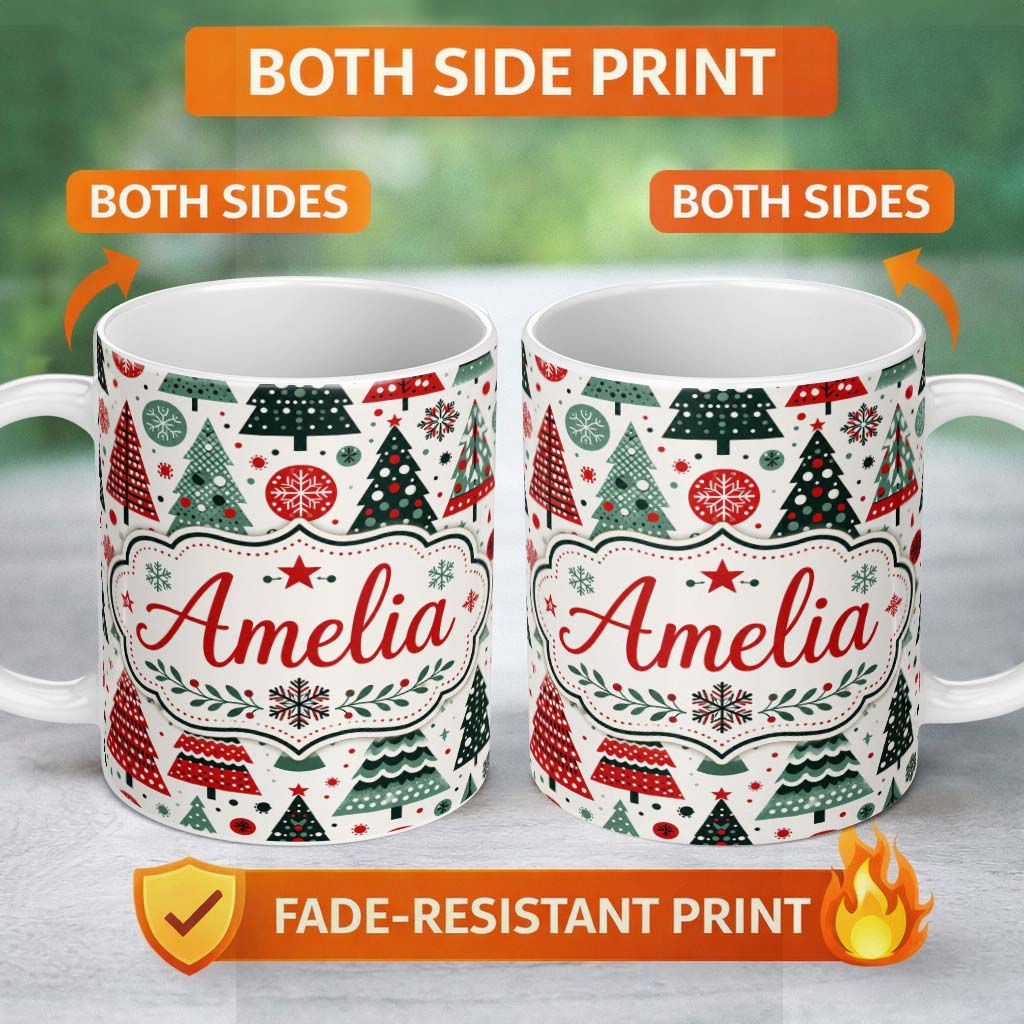 Personalized Custom Name Minimal Christmas Trees and Snowflake Shapes in Red Green Style 11oz Ceramic Coffee Tea Mug White Large Handle