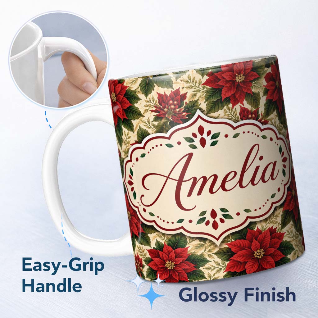Personalized Custom Name Deep Green Background Red Poinsettia Festive Seamless Pattern Lovely 11oz Ceramic Coffee Tea Mug White Large Handle