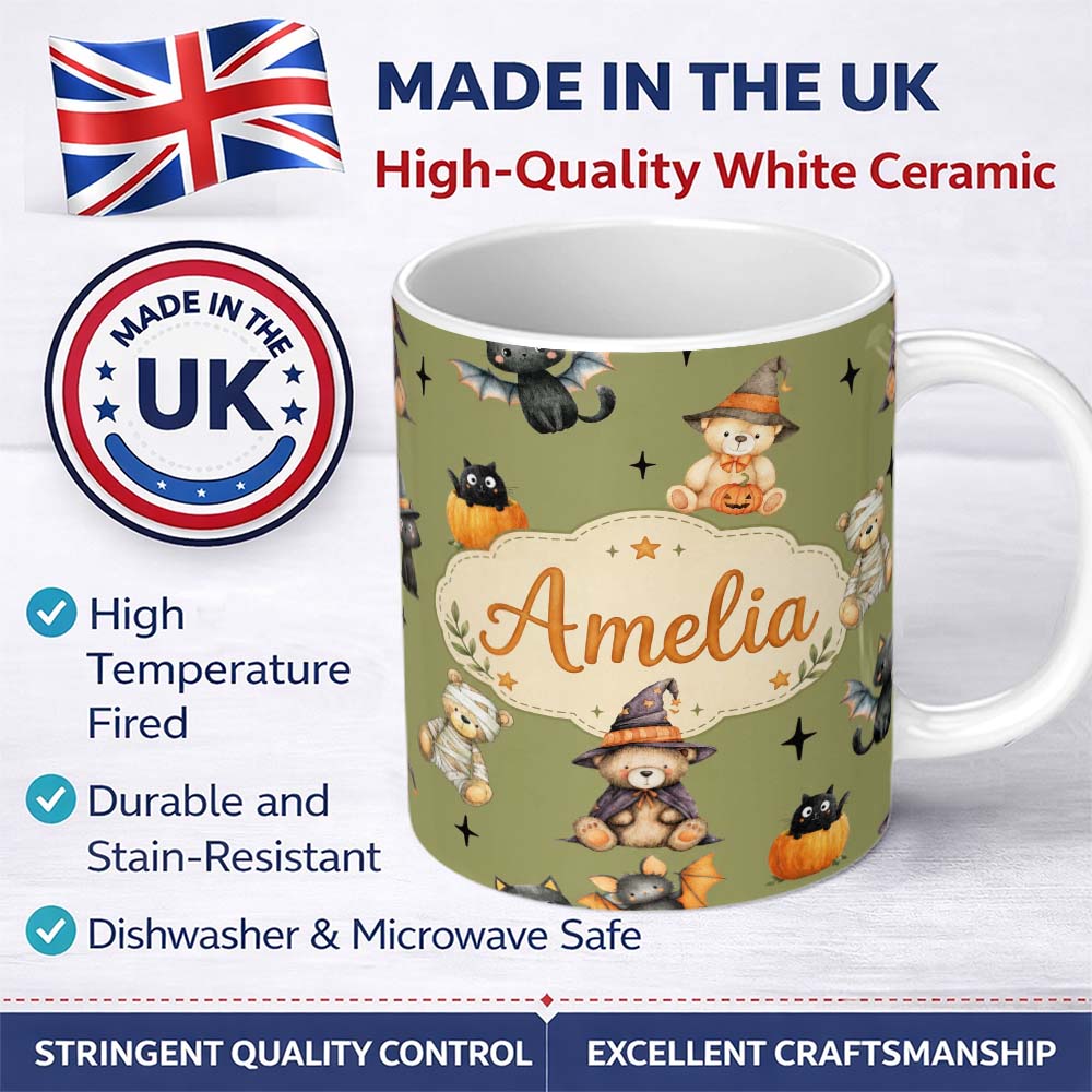 Personalized Custom Name Cute Halloween Teddy Bears Mummy Witch Cat Pumpkin Stars Olive 11oz Ceramic Coffee Tea Mug White Large Handle