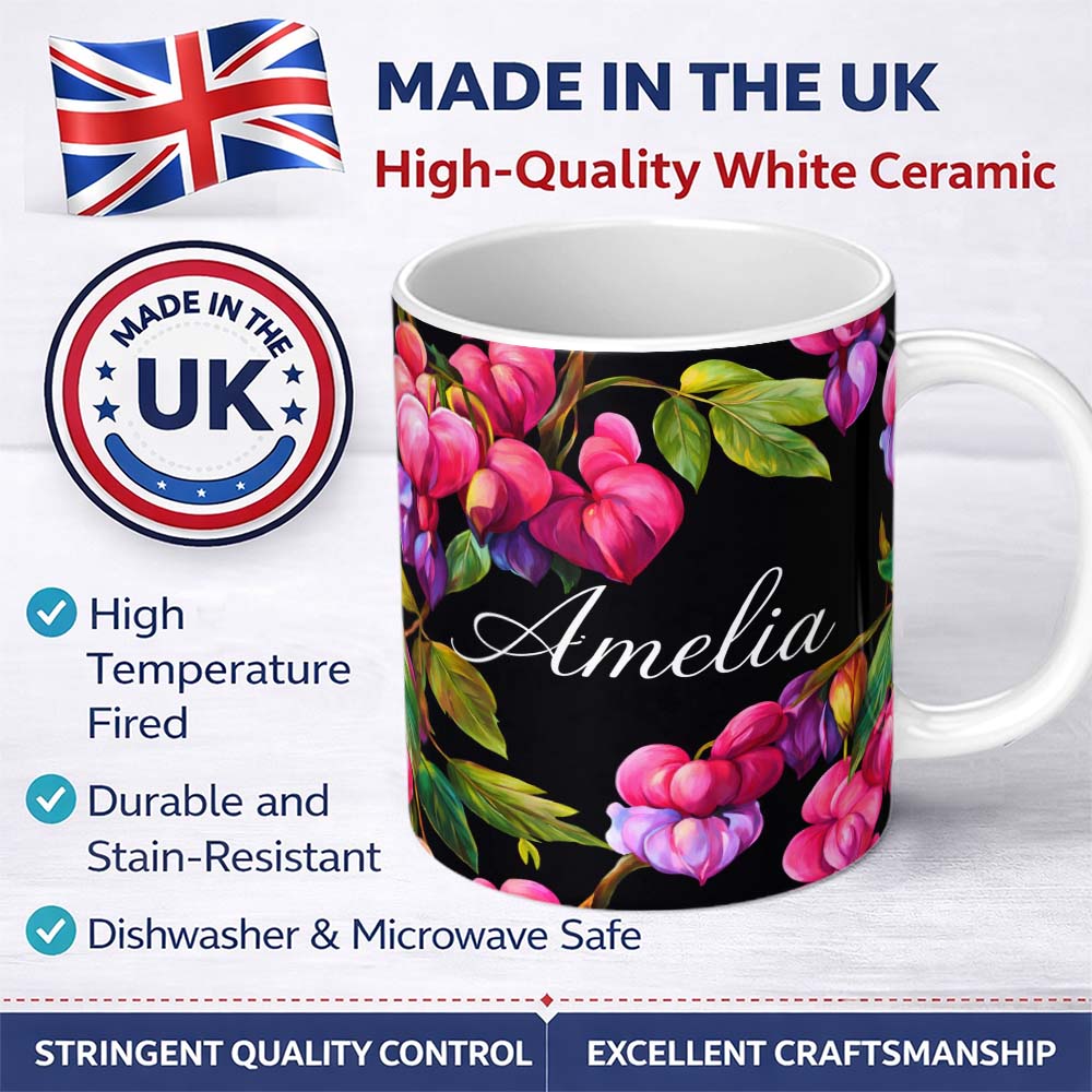 Personalized Custom Name Vibrant Pink Bleeding Heart Flowers Dark Background Floral Pattern 11oz Ceramic Coffee Tea Mug White Large Handle