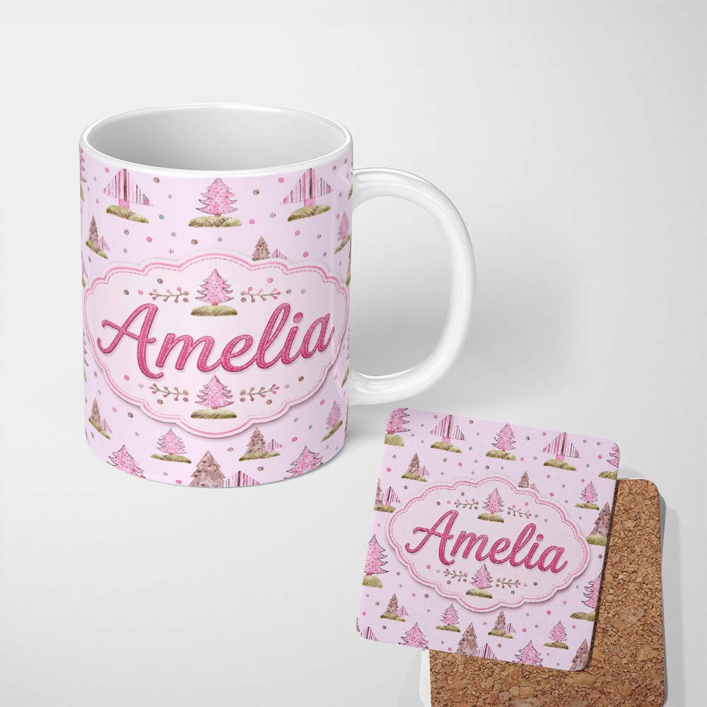 Personalized Custom Name Watercolor Pink Winter Forest Tree Hill Seamless Pattern Lovely 11oz Ceramic Coffee Tea Mug White Large Handle