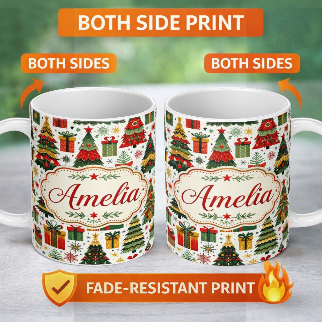 Personalized Custom Name Festive Christmas Trees Gifts Presents Red Green Seamless Pattern 11oz Ceramic Coffee Tea Mug White Large Handle